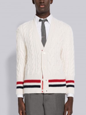Cardigan Thom Browne Aran Cable Cashmere Stripe V-Neck Homme Blanche | SQW85Q17555