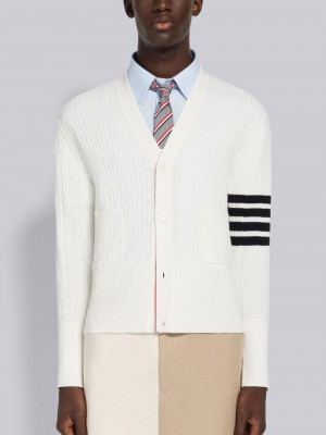 Cardigan Thom Browne Baby Cable Rib Cotton 4-Bar V-Neck Homme Blanche | WRR72V20783