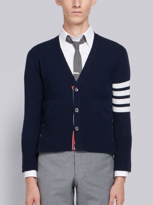 Cardigan Thom Browne Cashmere 4-bar Short V-neck Homme Bleu Marine | CKD97H28829