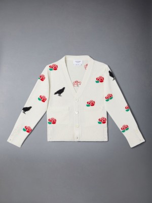 Cardigan Thom Browne Merino Wool Rose and Raven Fille Blanche | XIK93J47166