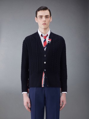 Cardigan Thom Browne Wool Relaxed V-Neck Cable Homme Bleu | BAN05B57456