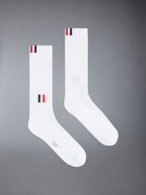 Chaussette Thom Browne Cotton Intarsia Stripe Athletic Mid Calf Homme Blanche | OEB47O08041