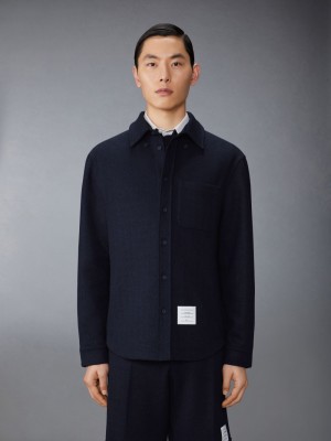 Chemises Thom Browne Boiled Cotton Wool Herringbone Oversized Homme Bleu | QLO08O51836