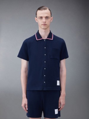 Chemises Thom Browne Textured Cotton Short Sleeve Polo Homme Bleu | YXY21H61731
