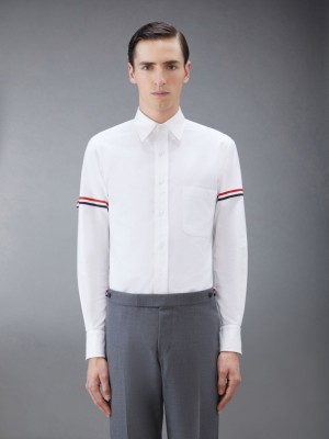 Chemises Thom Browne White Oxford Striped Grosgrain Armband Classic Homme Blanche | YER87G22186