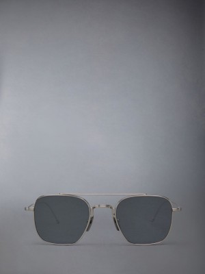Lunette de Soleil Thom Browne Titanium Square Aviator Femme Grise | XAO11O05433