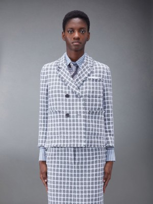 Manteaux Thom Browne Check Summer Tweed Fray Cropped Sack Sport Femme Grise | LMK22X31517