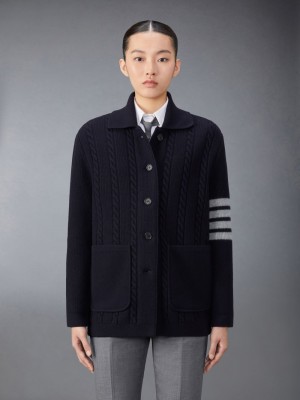 Manteaux Thom Browne Merino Wool and Cotton 4-Bar Cable Femme Bleu | DKF00V79631
