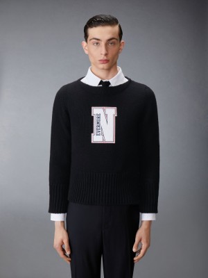 Pulls De Golf Thom Browne Chunky Merino Wool Nevermore Patch Boat Neck Homme Noir | SZB89T74655