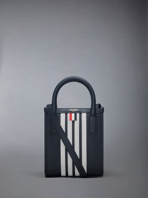 Sacs Fourre Tout Thom Browne Vertical Mini W/ 4 Bar Stripes in Smooth Calf Femme Bleu | QIL90X62868