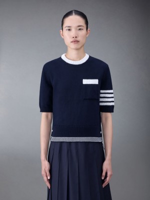 T Shirts Thom Browne Jersey 4-Bar Pointelle Femme Bleu | QHG70B31837