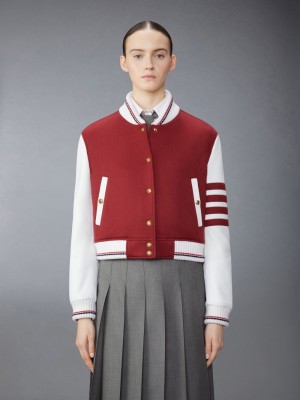 Vestes Thom Browne Jacket Weight Cashmere 4-Bar Cropped Varsity Femme Rouge | PEP34U95910