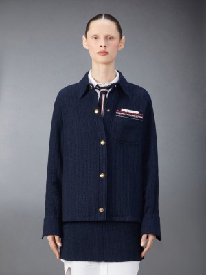 Vestes Thom Browne Solid Tweed Shirt Femme Bleu | MPJ27I67819