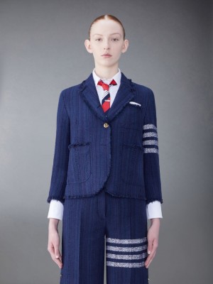 Vestes Thom Browne Tweed Fray 4-Bar Cropped Sack Femme Bleu | KWM59U32428