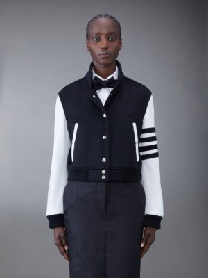 Vestes Thom Browne Zibeline Cashmere Leather Sleeve Cropped Varsity Femme Noir | AKS03B62786