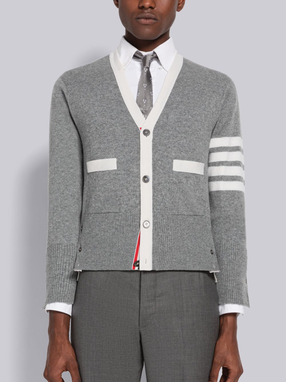 Cardigan Thom Browne Cashmere Stripe V-Neck Homme Grise | WXL24Y40974