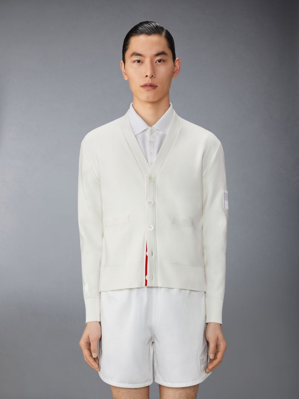 Cardigan Thom Browne Cotton Milano Stitch Flag Patch Homme Blanche | GPV13Y13383