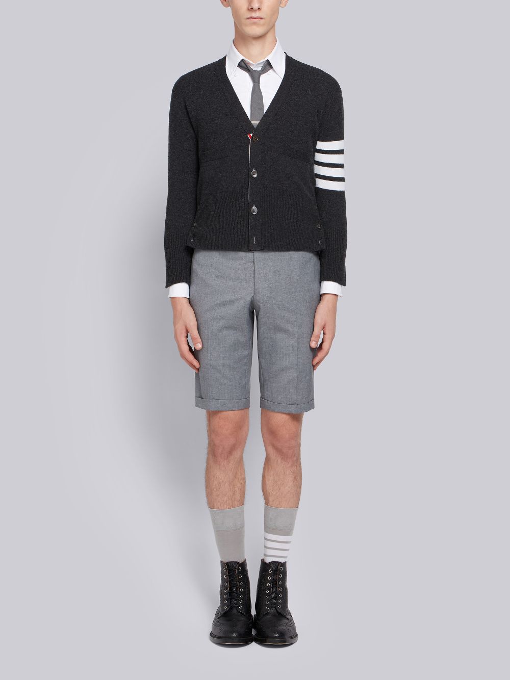 Cardigan Thom Browne Dark Cashmere 4-Bar Short V-Neck Homme Grise | HPW91U30924