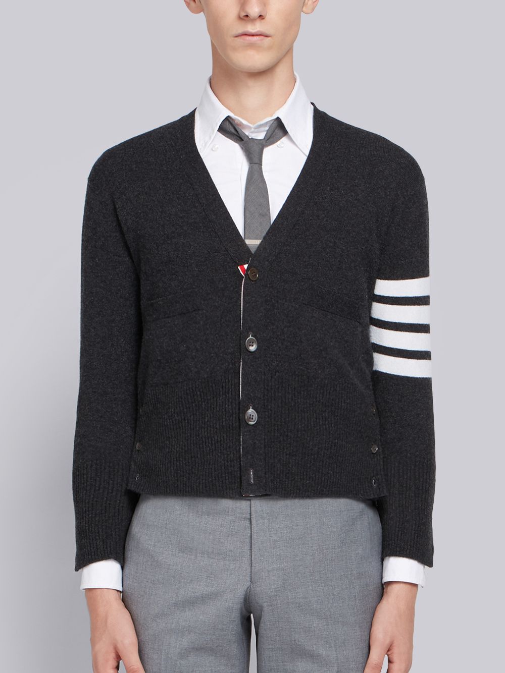 Cardigan Thom Browne Dark Cashmere 4-Bar Short V-Neck Homme Grise | HPW91U30924