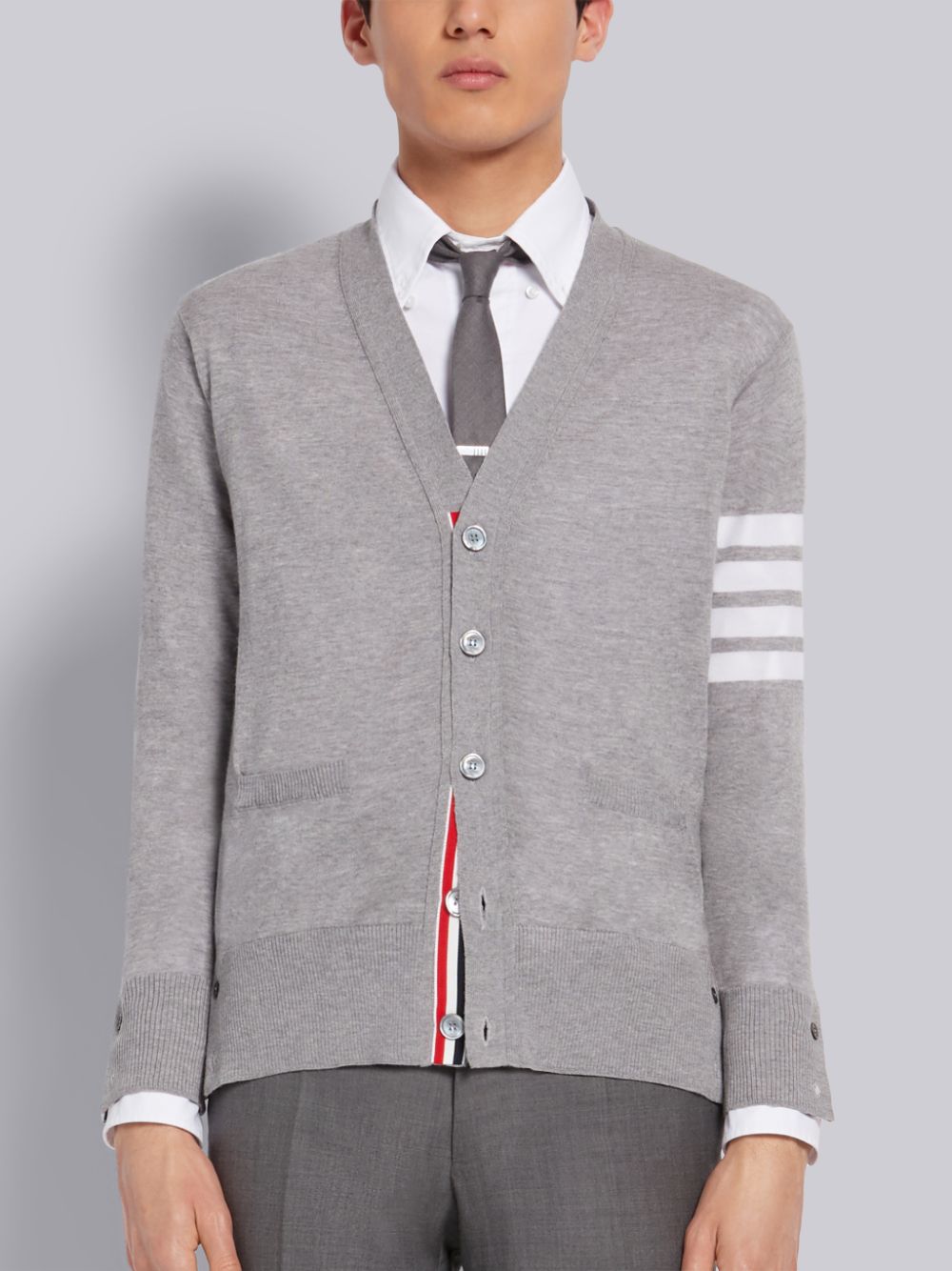 Cardigan Thom Browne Light Fine Merino Wool V-Neck 4-Bar Homme Grise | HFI05D76991