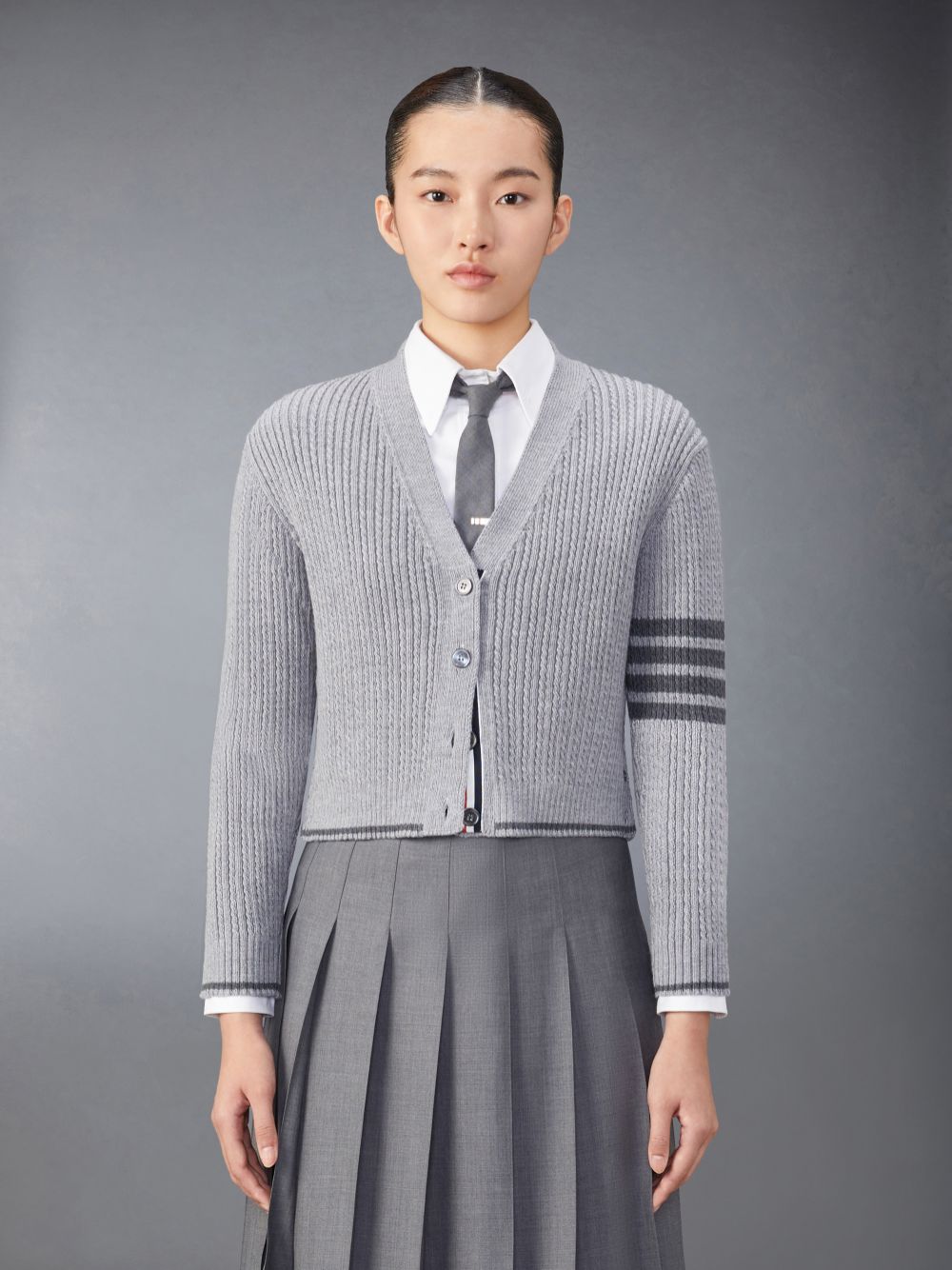 Cardigan Thom Browne Merino Wool 4-Bar Cropped Femme Grise | XHW15G55413