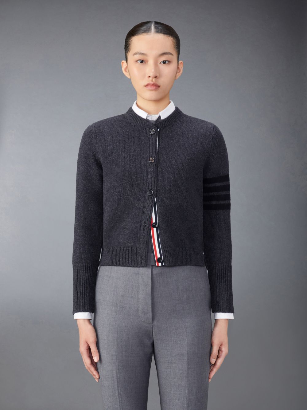 Cardigan Thom Browne Merino Wool 4-Bar Raven Icon Femme Grise | NAN00G56008