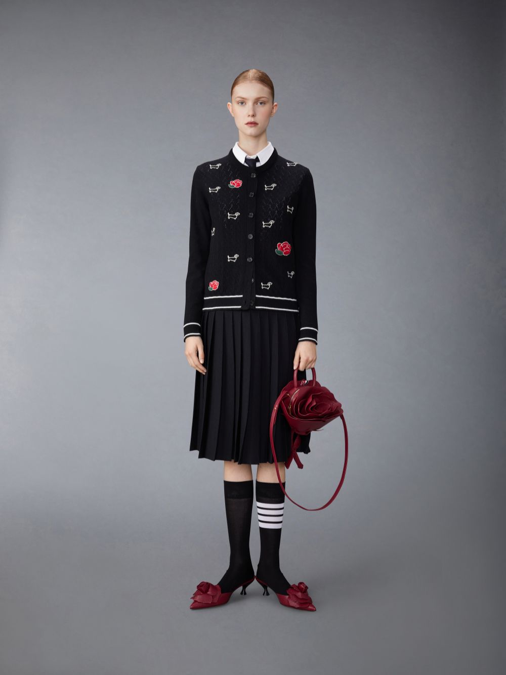 Cardigan Thom Browne Merino Wool Pointelle Jersey Hector & Rose Crew Neck Femme Noir | LIF62R28621