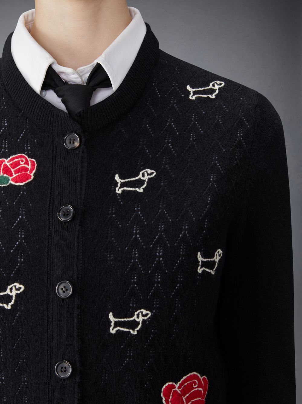 Cardigan Thom Browne Merino Wool Pointelle Jersey Hector & Rose Crew Neck Femme Noir | LIF62R28621