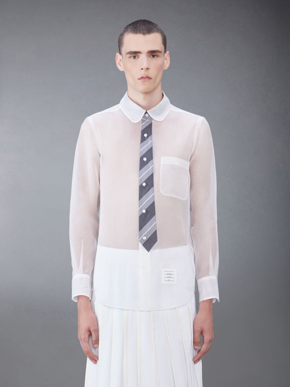 Chemises Thom Browne Silk Organza Tie Applique Round Collar Homme Blanche | PKY12Q53193