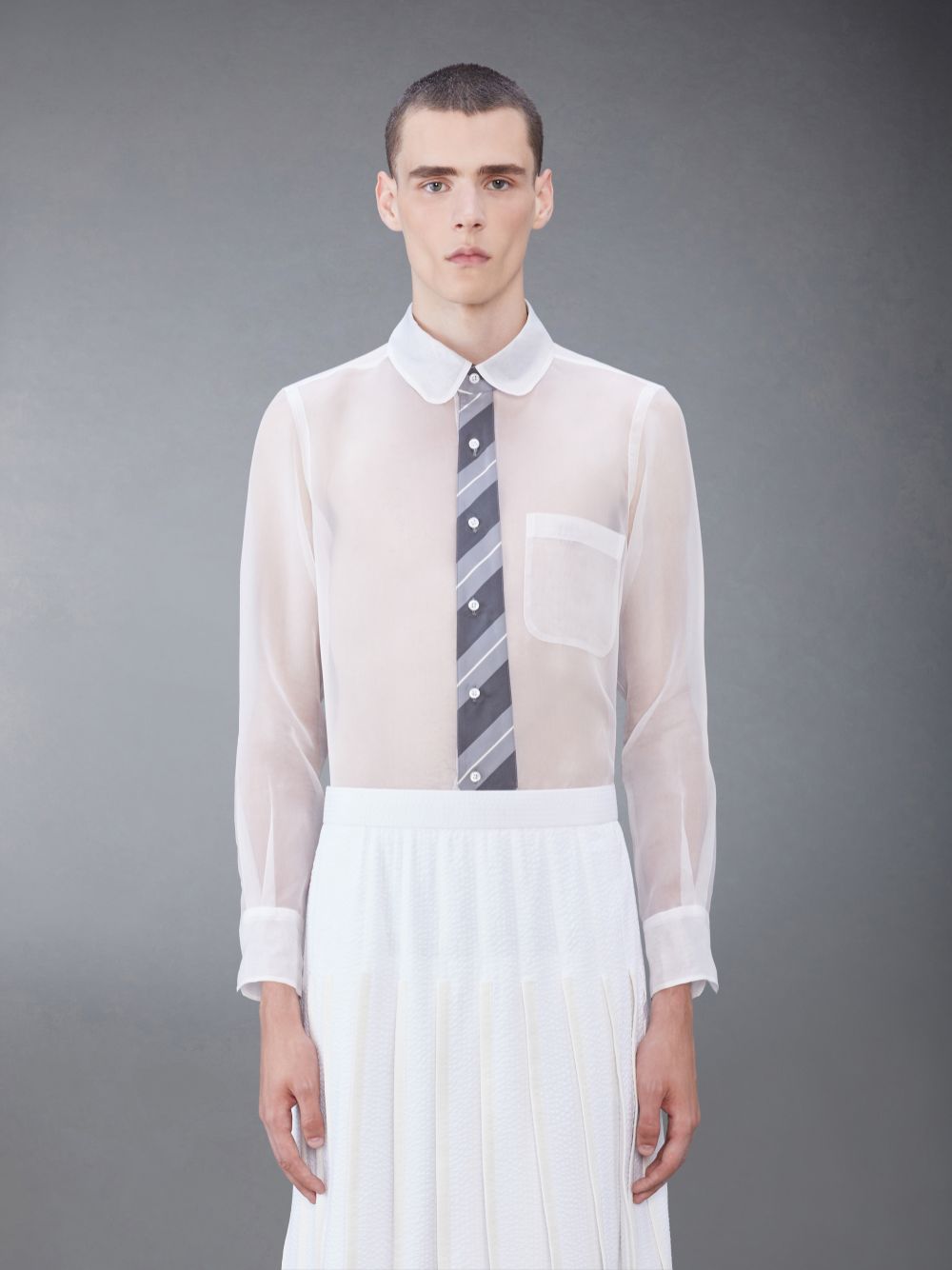 Chemises Thom Browne Silk Organza Tie Applique Round Collar Homme Blanche | PKY12Q53193