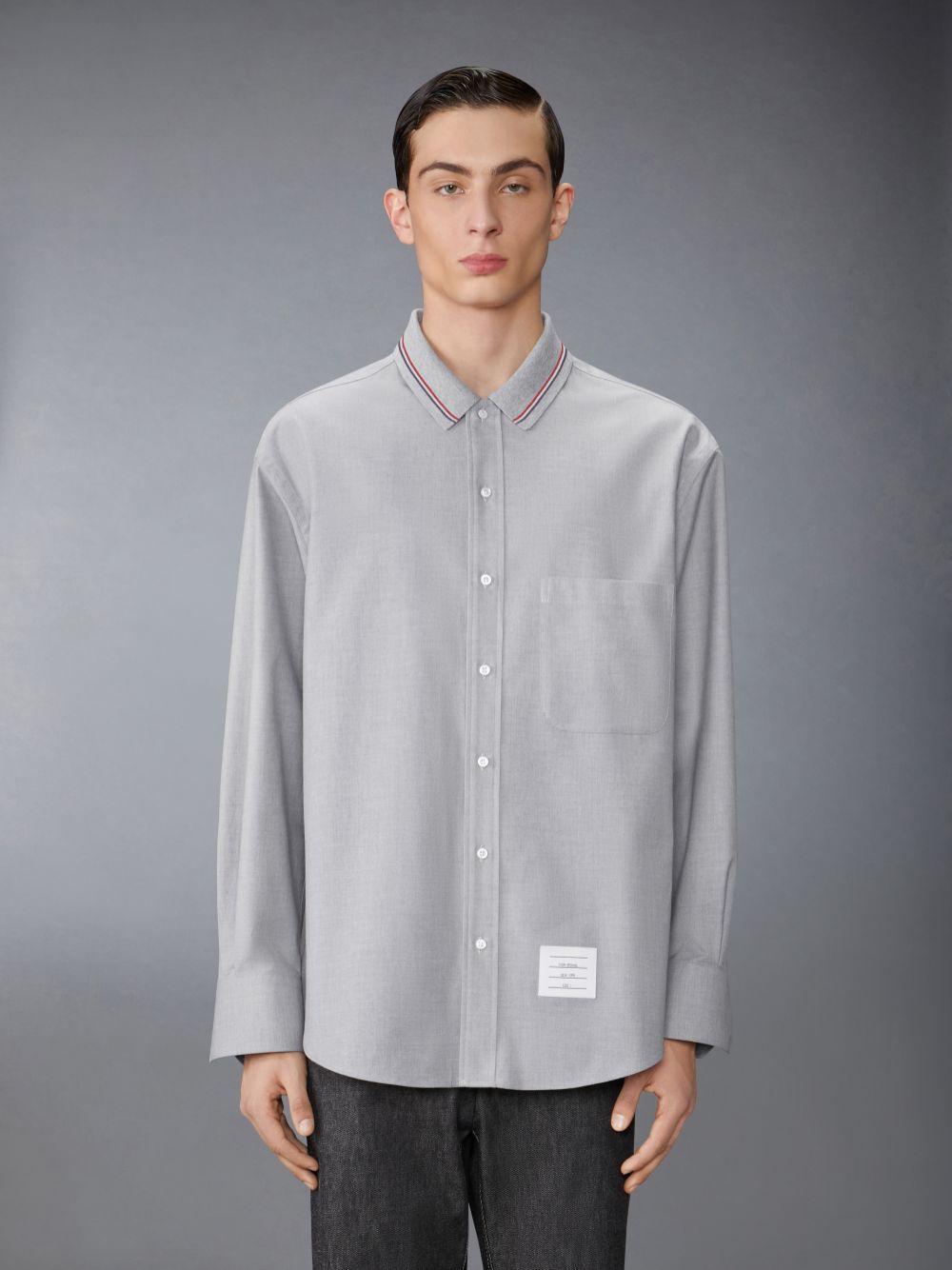 Chemises Thom Browne Stripe Cotton Flannel Oversized Homme Grise | DMJ82B54048