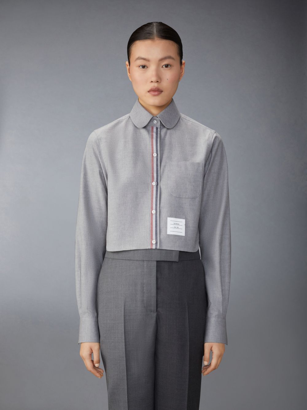 Chemises Thom Browne Stripe Cotton Flannel Classic Cropped Round Collar Femme Grise | RKC07Y25084