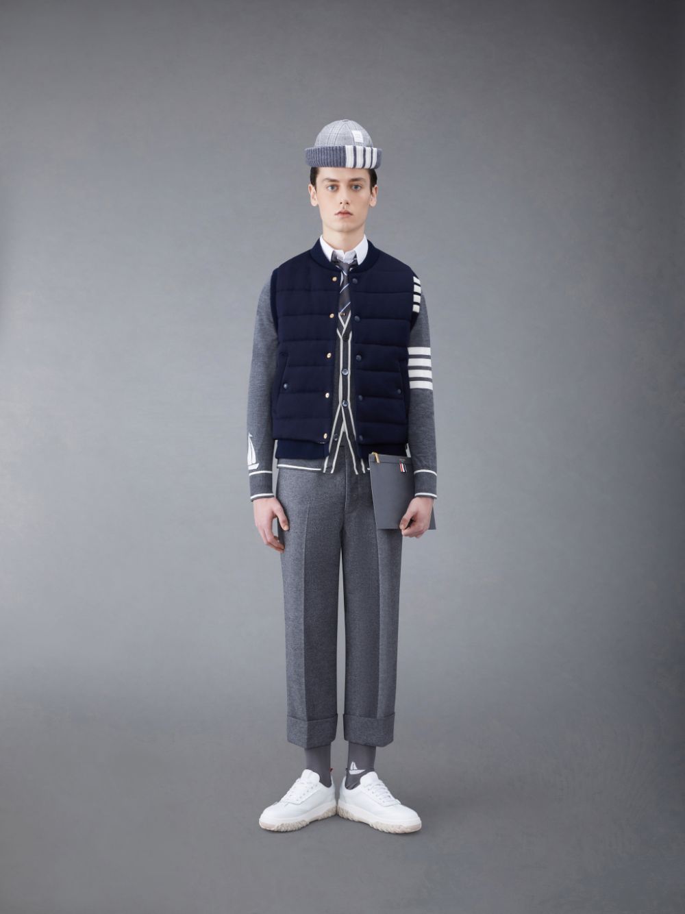 Gilet Thom Browne MERINO AND JERSEY PADDED REVERSIBLE 4-BAR Homme Bleu | LUI17D06932