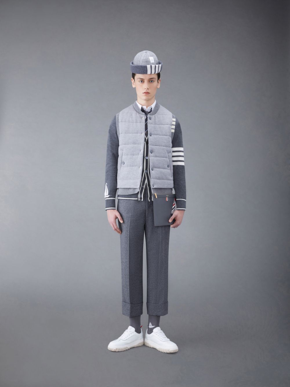 Gilet Thom Browne MERINO AND JERSEY PADDED REVERSIBLE 4-BAR Homme Grise | GSH79N64929
