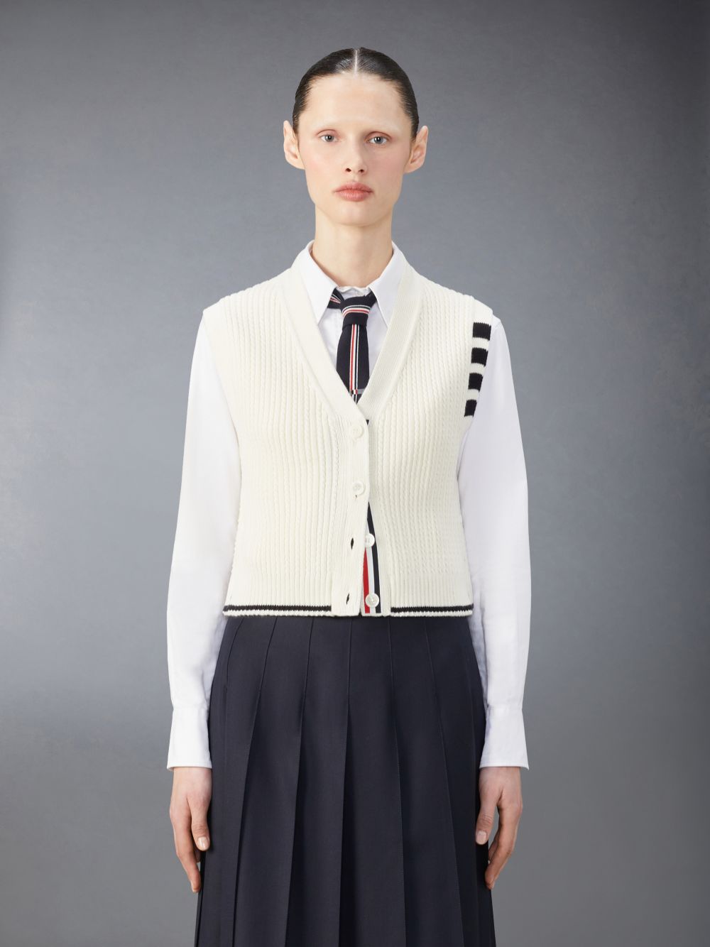 Gilet Thom Browne Merino Wool 4-Bar Cropped Cable Cardigan Femme Blanche | XOS49B01794