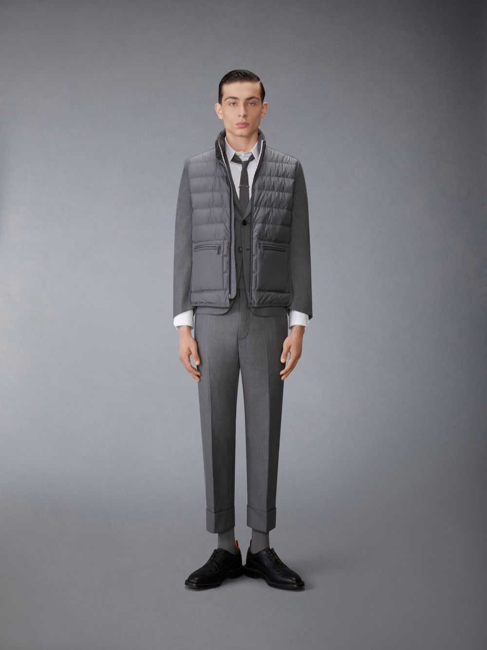 Gilet Thom Browne ULTRA LIGHT NYLON TECH FUNNEL NECK DOWN Homme Grise | DYP43O34969