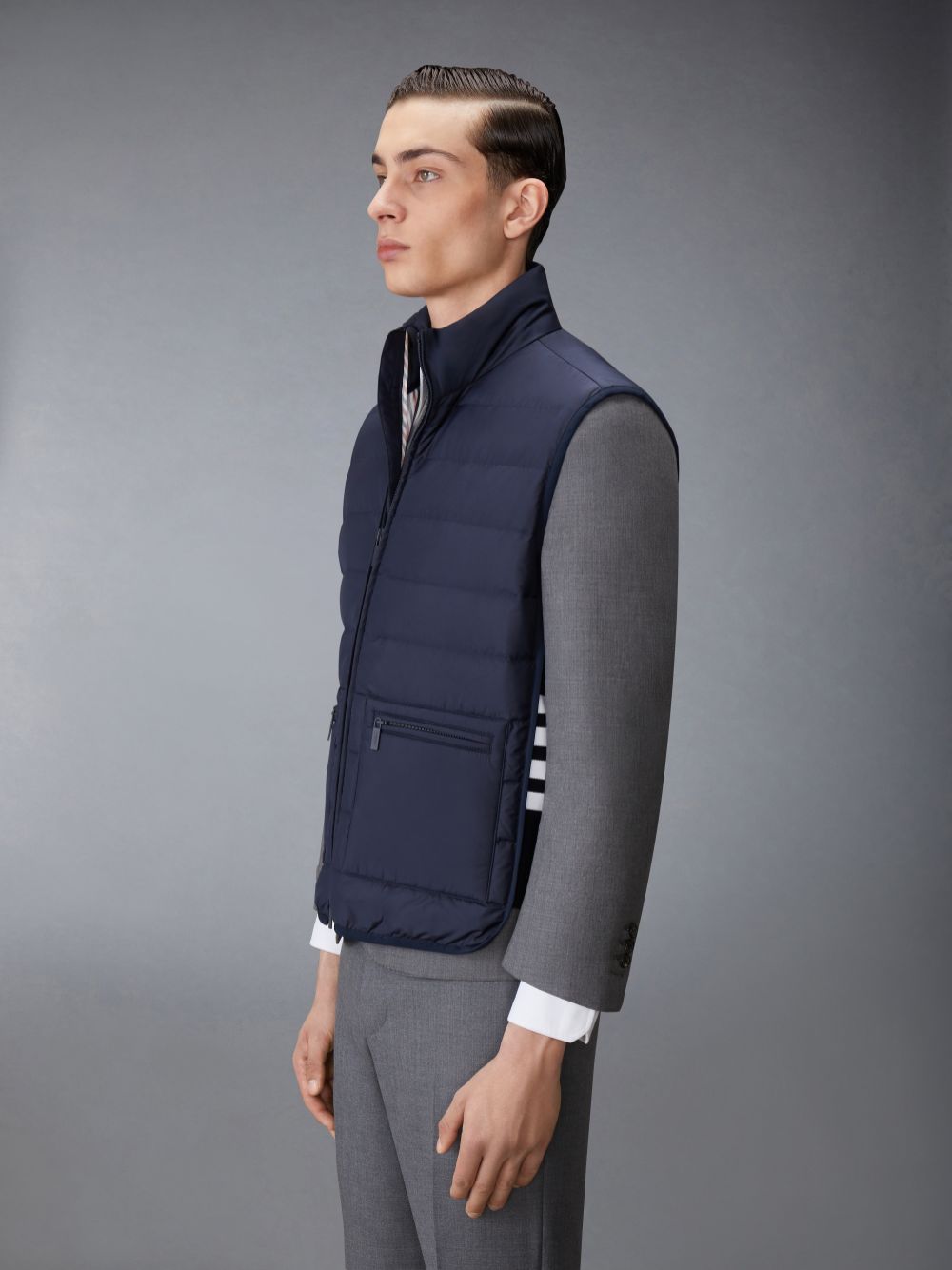 Gilet Thom Browne ULTRA LIGHT NYLON TECH FUNNEL NECK DOWN Homme Bleu | IHV10D01602