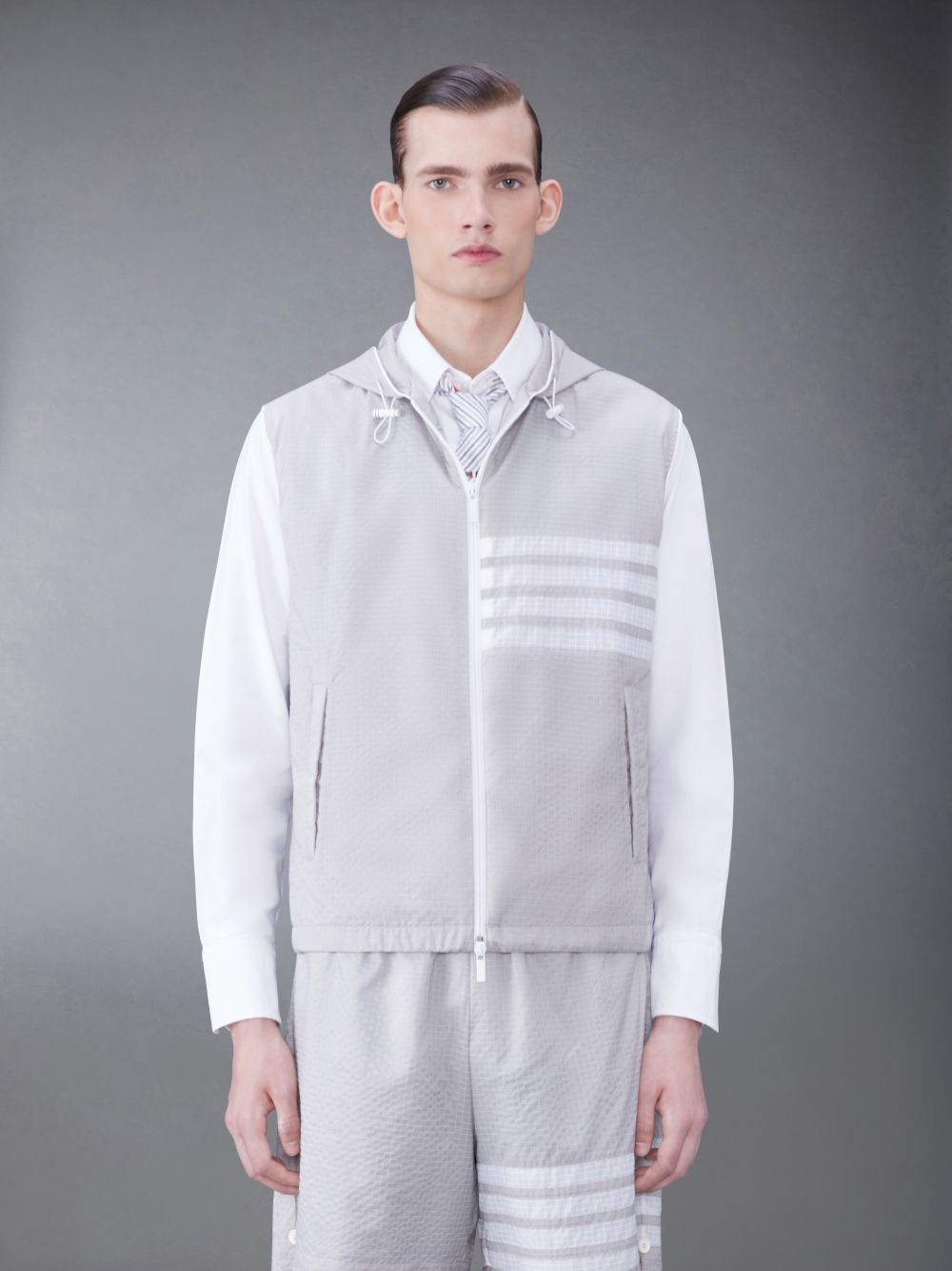 Gilet Thom Browne Ultralight Ripstop 4-Bar Hooded Homme Grise | WZL56X16462