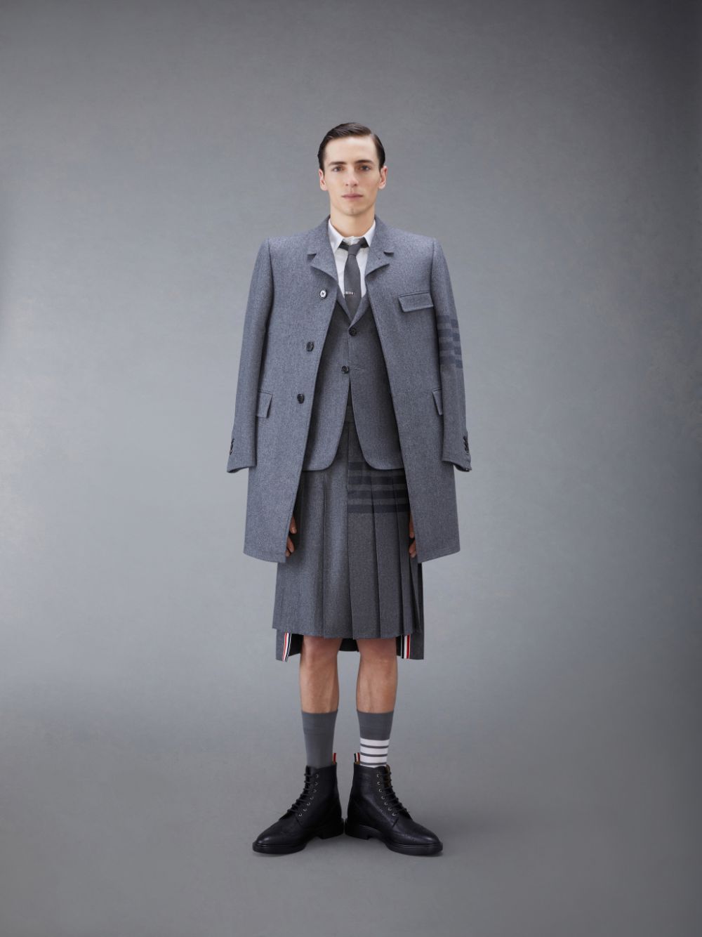Jupes Thom Browne Flannel 4-Bar Knee Length Classic Pleated Homme Grise | HLM70D40197