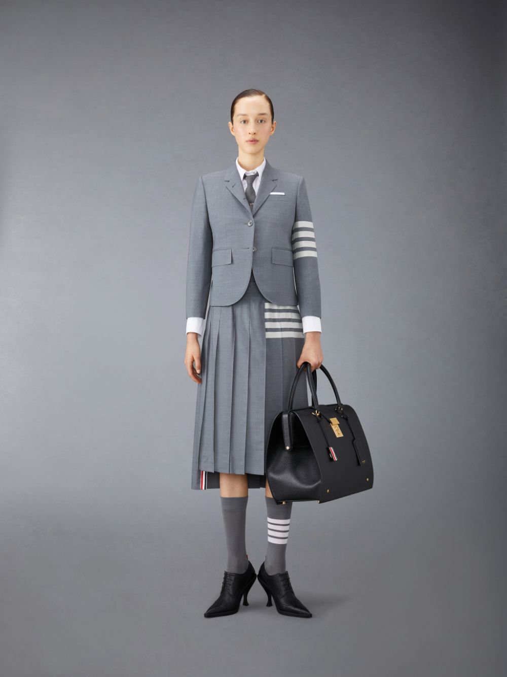 Jupes Thom Browne Plain Weave 4-Bar Pleated Midi Femme Grise | XQA68X47211
