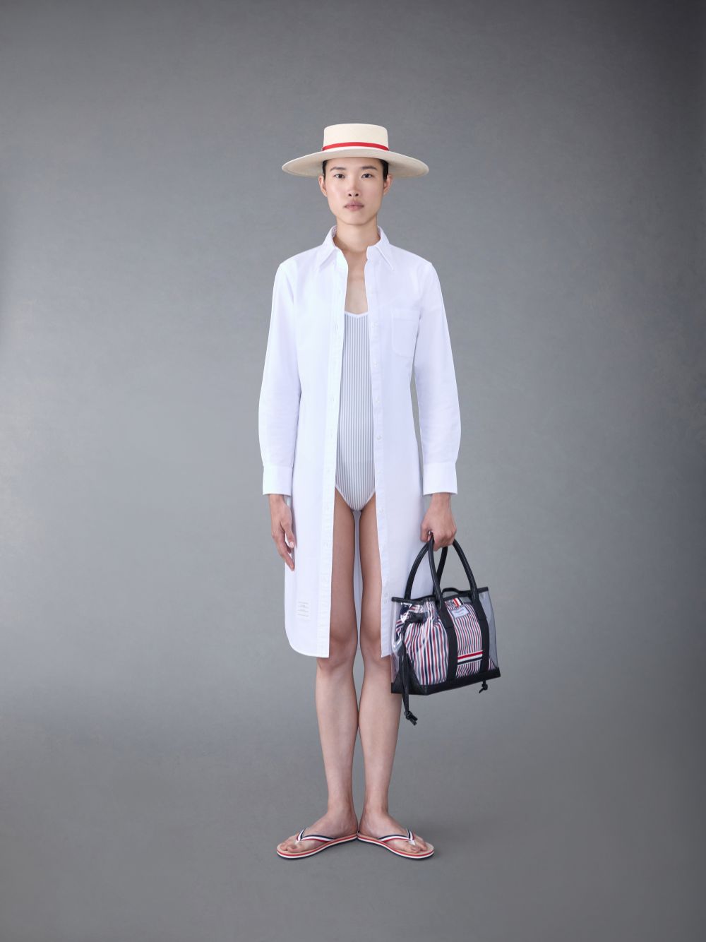 Maillots De Bain Thom Browne Seersucker One Piece Femme Grise | TOB24E60846