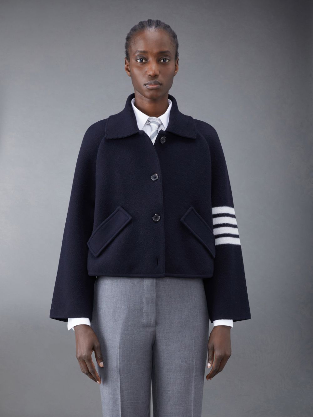Manteaux Thom Browne Boiled Wool Milano 4-Bar Cropped Car Femme Bleu | DMW78I09029