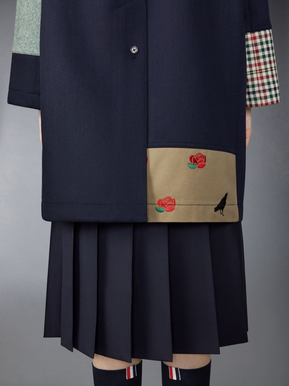Manteaux Thom Browne Patchwork Double Face Bal Collar With Detachable Shearling Collar Femme Bleu Marine | ZYU53O06703