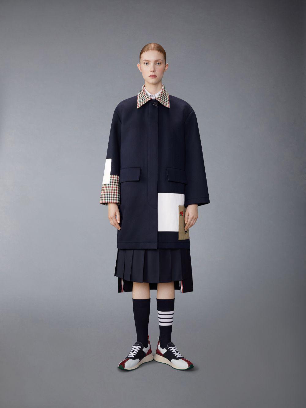 Manteaux Thom Browne Patchwork Double Face Bal Collar With Detachable Shearling Collar Femme Bleu Marine | ZYU53O06703