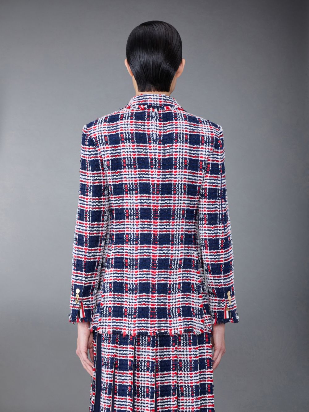 Manteaux Thom Browne Prince of Wales Check Frayed Chenille Tweed Elongated Sport Femme Bleu | TSN39Z97645