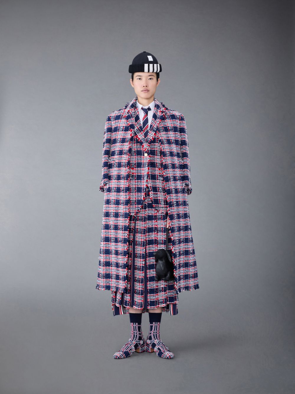 Manteaux Thom Browne Prince of Wales Check Frayed Chenille Tweed Elongated Sport Femme Bleu | TSN39Z97645