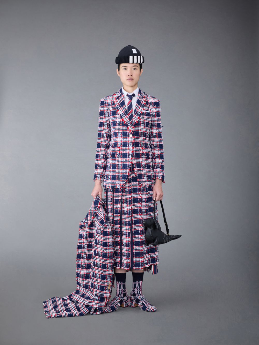 Manteaux Thom Browne Prince of Wales Check Frayed Chenille Tweed Elongated Sport Femme Bleu | TSN39Z97645