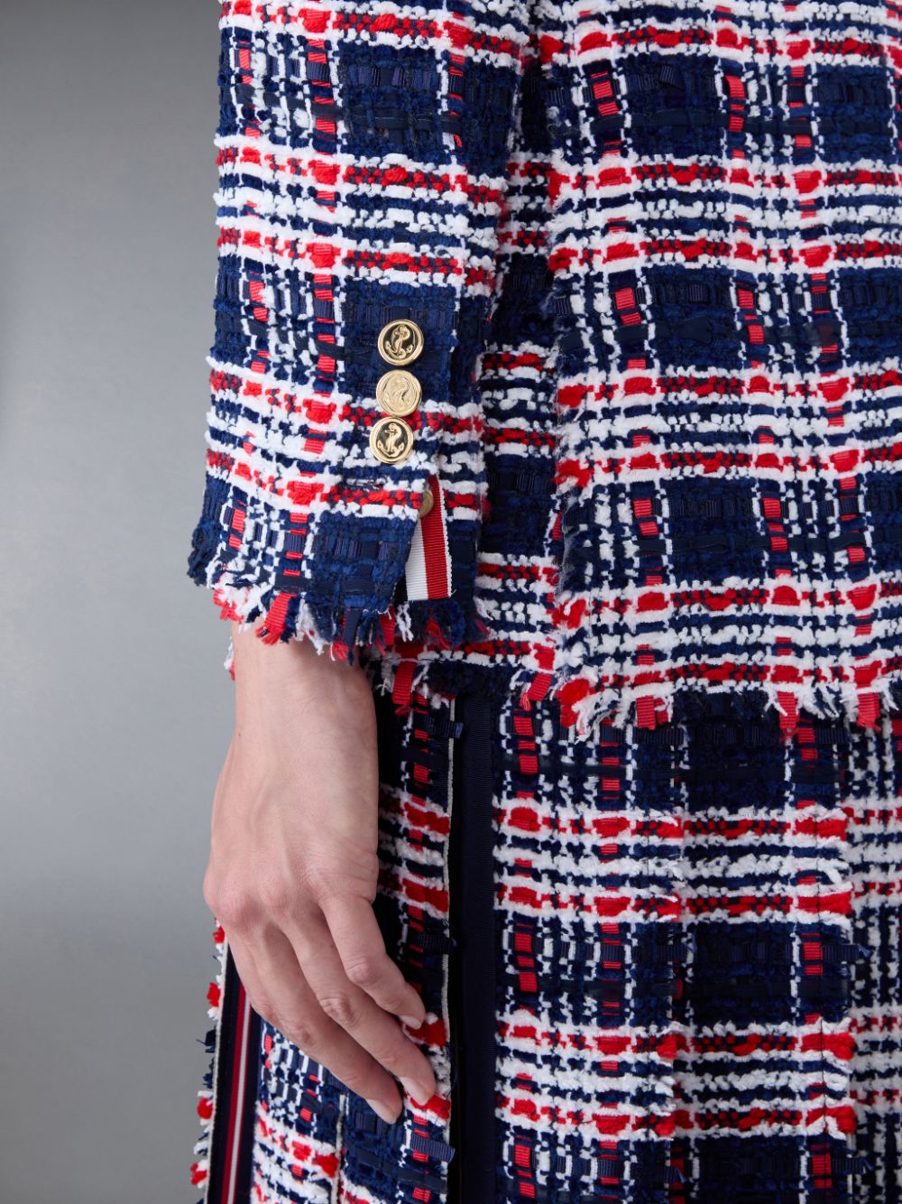 Manteaux Thom Browne Prince of Wales Check Frayed Chenille Tweed Elongated Sport Femme Bleu | TSN39Z97645