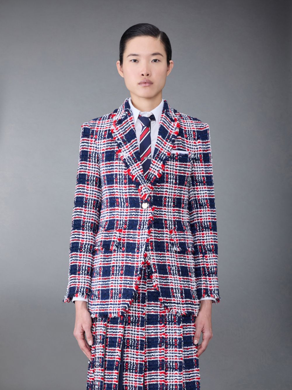 Manteaux Thom Browne Prince of Wales Check Frayed Chenille Tweed Elongated Sport Femme Bleu | TSN39Z97645