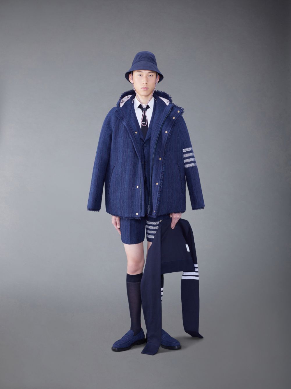 Parka Thom Browne Tweed Fray 4-Bar Cropped Football Homme Bleu | GZN38O73660